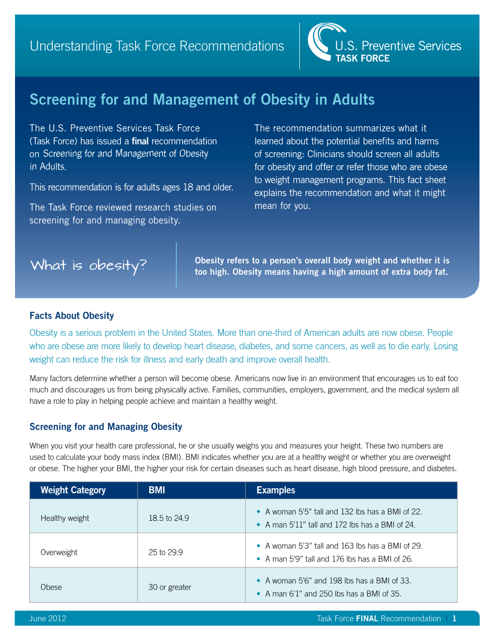 Screening for and Management of Obesity in Adults