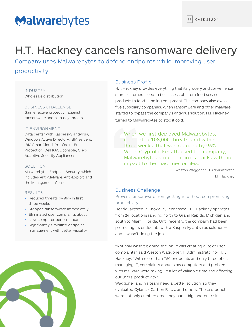 H.T. Hackney Cancels Ransomware Delivery Company Uses Malwarebytes to Defend Endpoints While Improving User Productivity