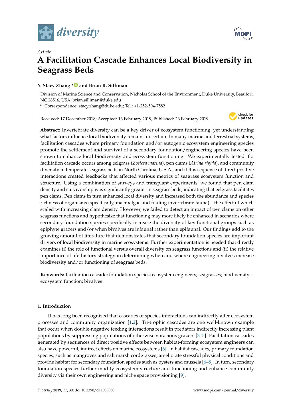 A Facilitation Cascade Enhances Local Biodiversity in Seagrass Beds