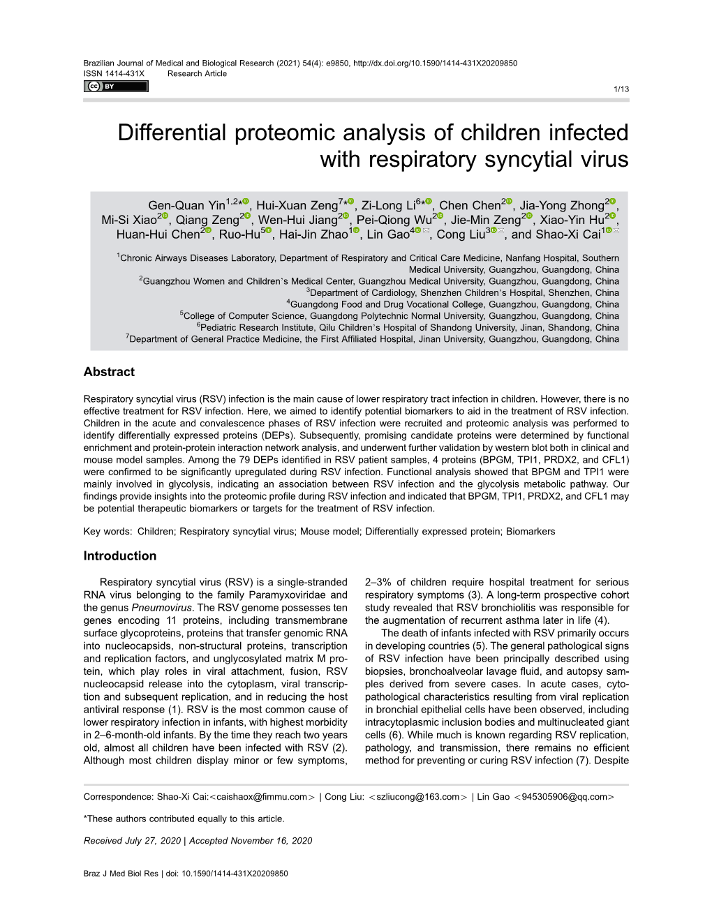 Differential Proteomic Analysis of Children Infected with Respiratory Syncytial Virus