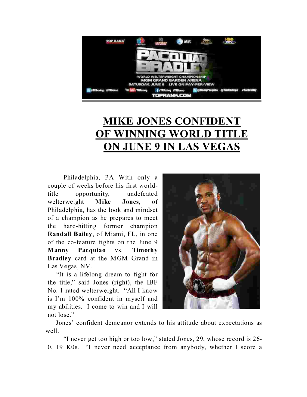 Mike Jones Confident of Winning World Title on June 9 in Las Vegas