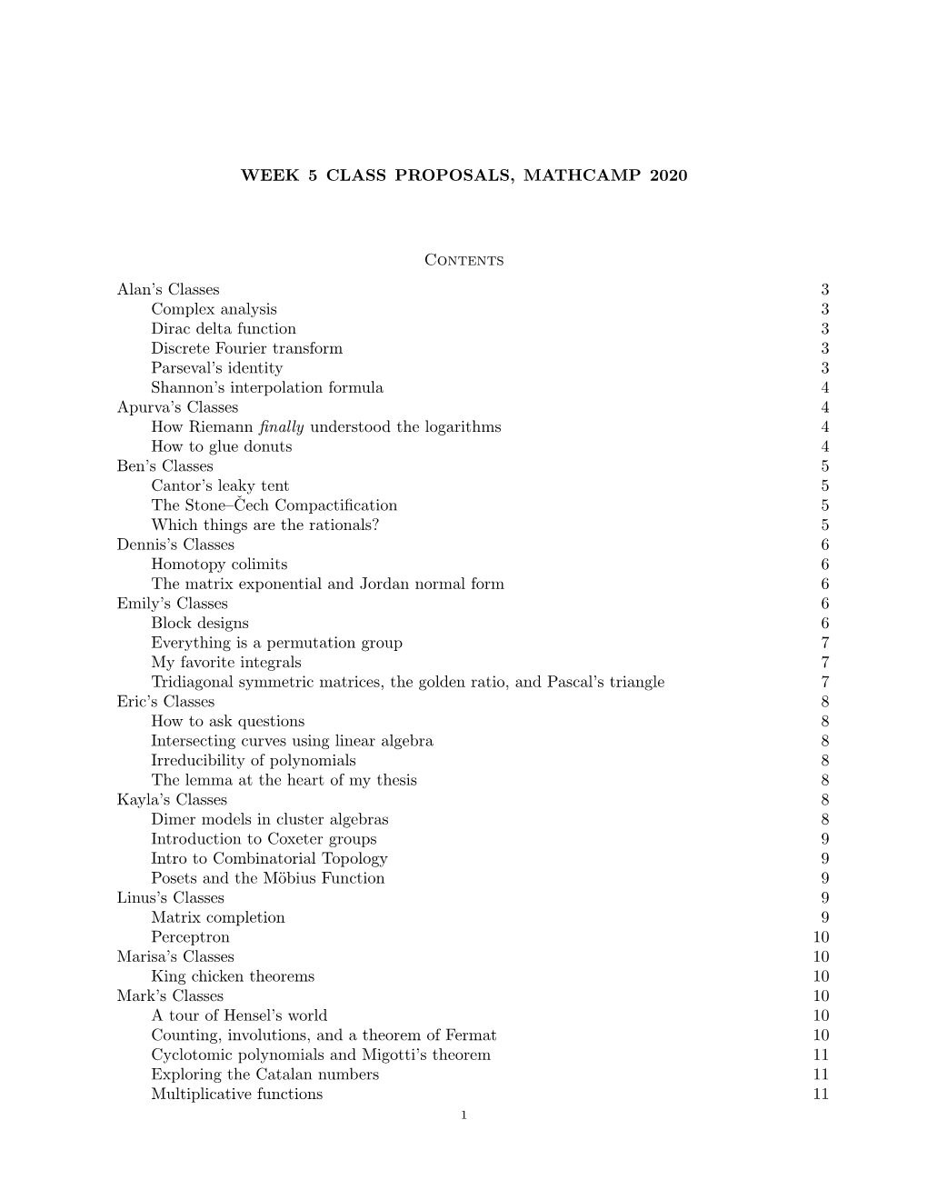 WEEK 5 CLASS PROPOSALS, MATHCAMP 2020 Contents Alan's