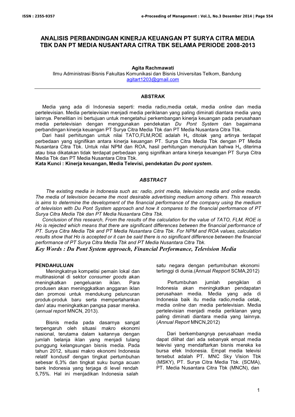 Analisis Perbandingan Kinerja Keuangan Pt Surya Citra Media Tbk Dan Pt Media Nusantara Citra Tbk Selama Periode 2008-2013