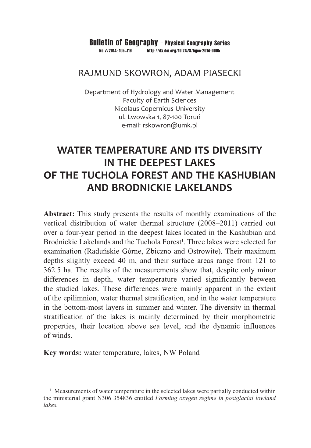 Water Temperature and Its Diversity in the Deepest Lakes of the Tuchola Forest and the Kashubian and Brodnickie Lakelands