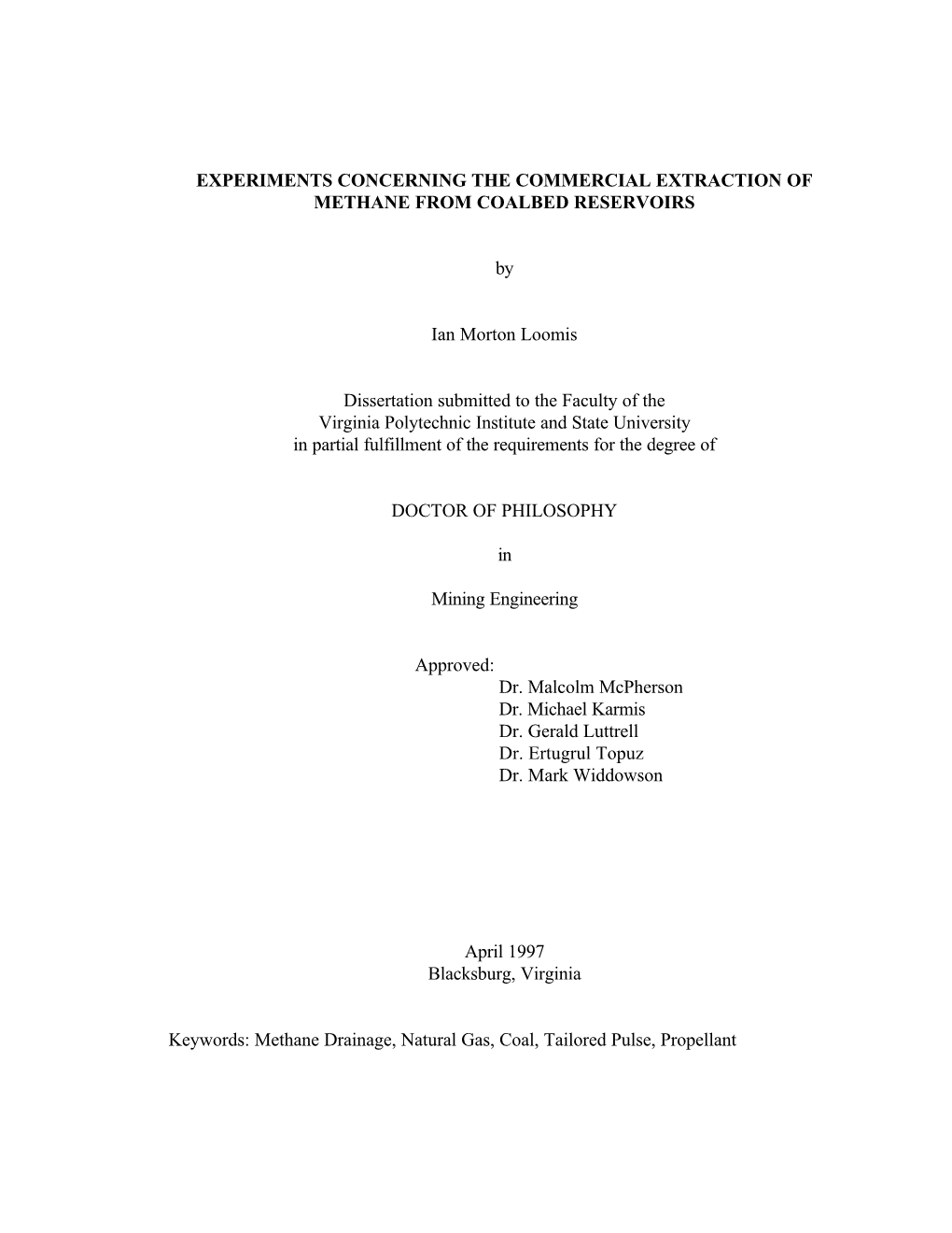 Experiments Concerning the Commerical Extraction of Methane Fr