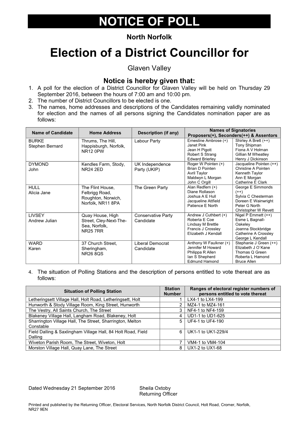 NOTICE of POLL Election of a District