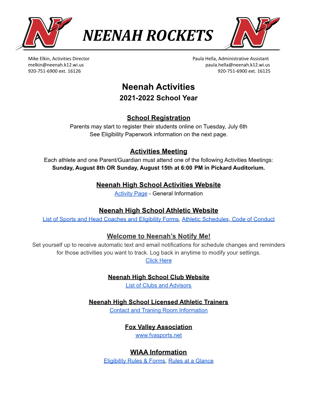 Neenah Activities Information 21-22