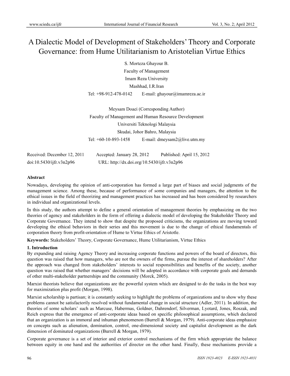 A Dialectic Model of Development of Stakeholders' Theory And