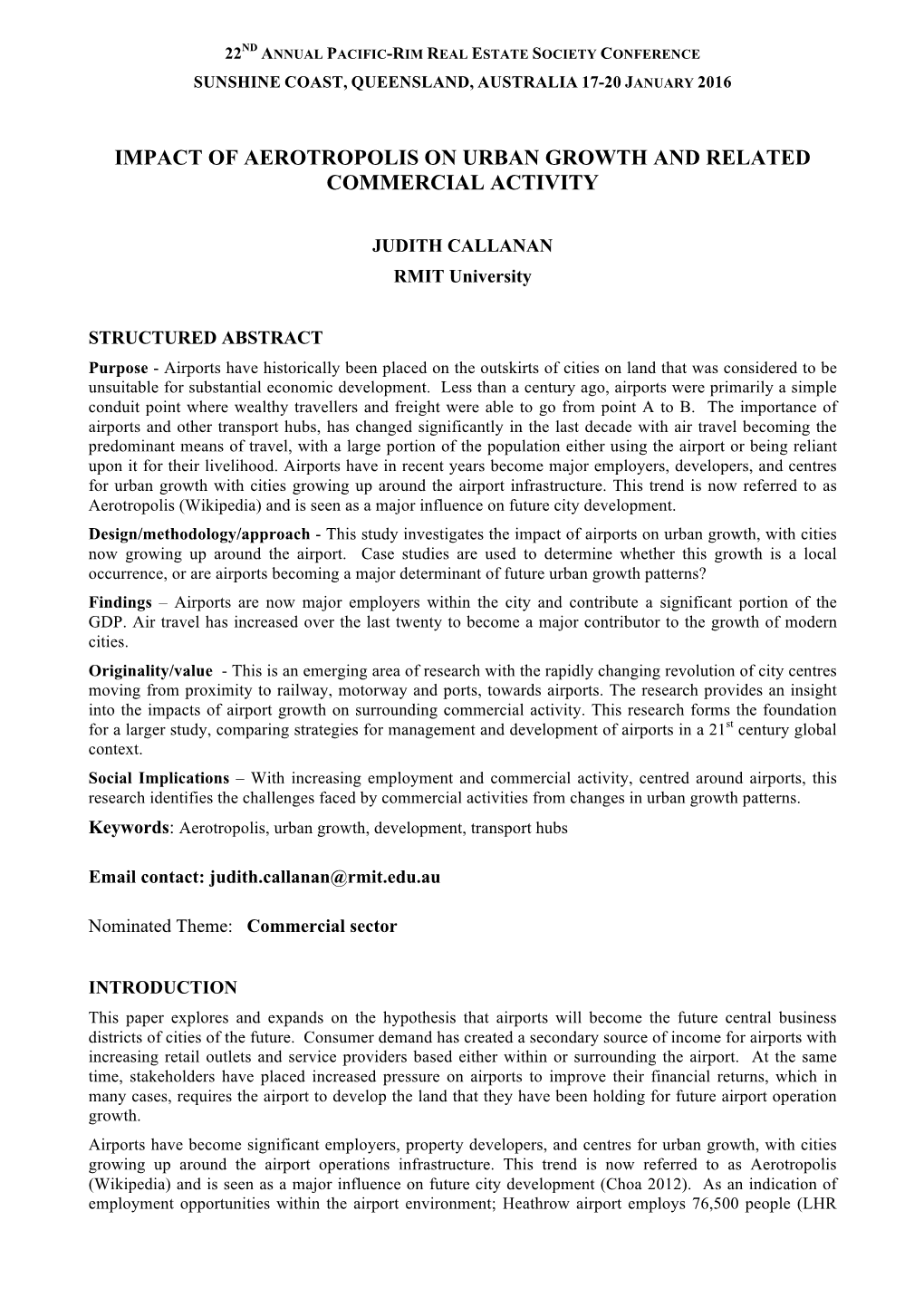 Impact of Aerotropolis on Urban Growth and Related Commercial Activity