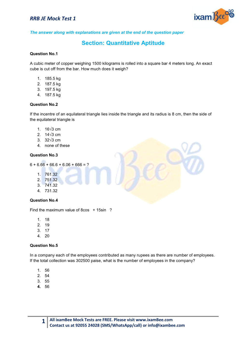 RRB JE Mock Test 1 Section: Quantitative Aptitude