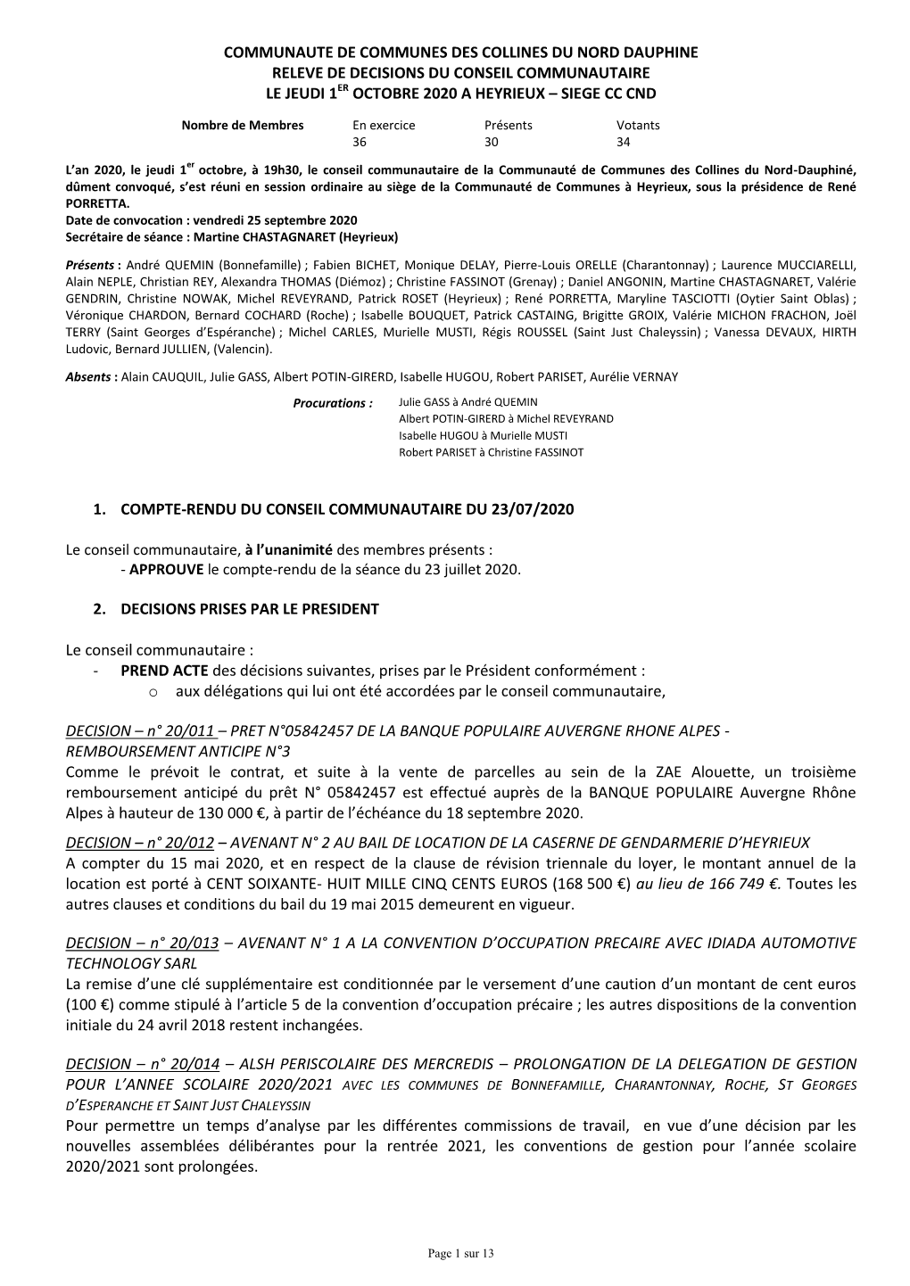 Communaute De Communes Des Collines Du Nord Dauphine Releve De Decisions Du Conseil Communautaire Le Jeudi 1Er Octobre 2020 a Heyrieux – Siege Cc Cnd