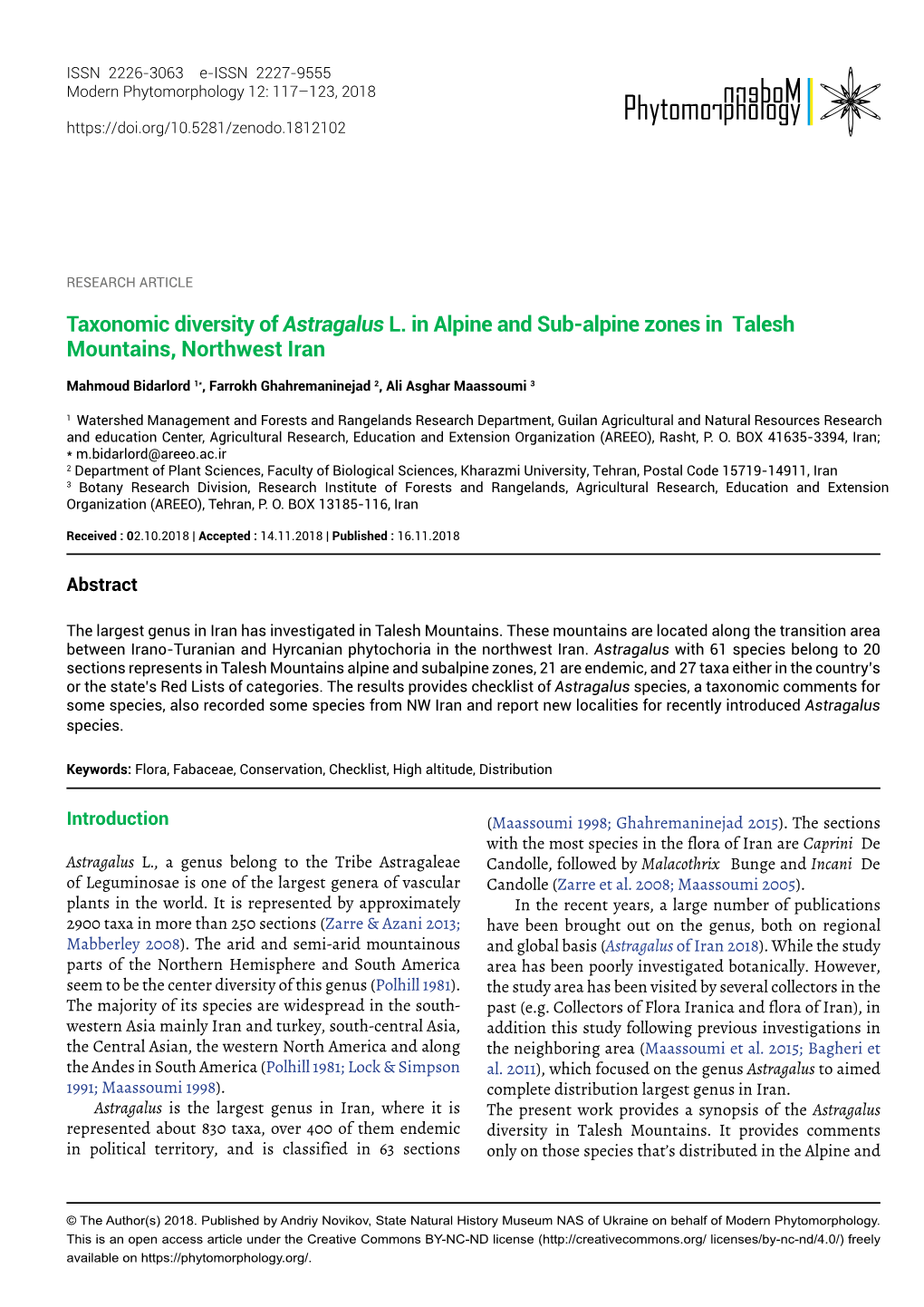 Taxonomic Diversity of Astragalus L. in Alpine and Sub-Alpine Zones in Talesh Mountains, Northwest Iran