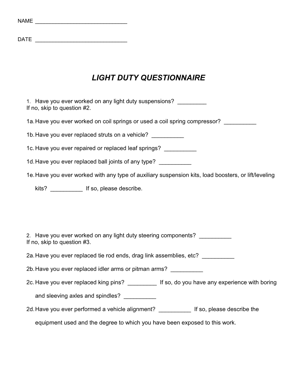 Light Duty Questionnaire