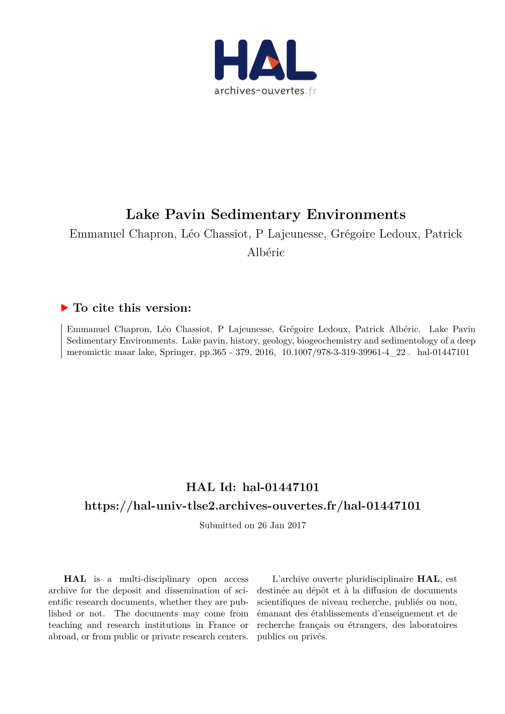 Lake Pavin Sedimentary Environments Emmanuel Chapron, Léo Chassiot, P Lajeunesse, Grégoire Ledoux, Patrick Albéric