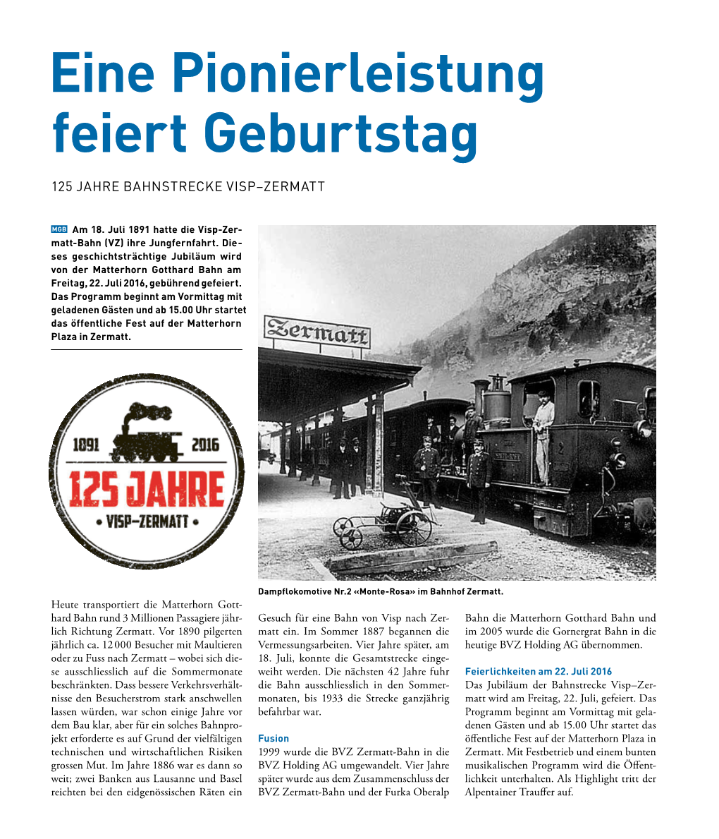 125 Jahre Bahnstrecke Visp–Zermatt