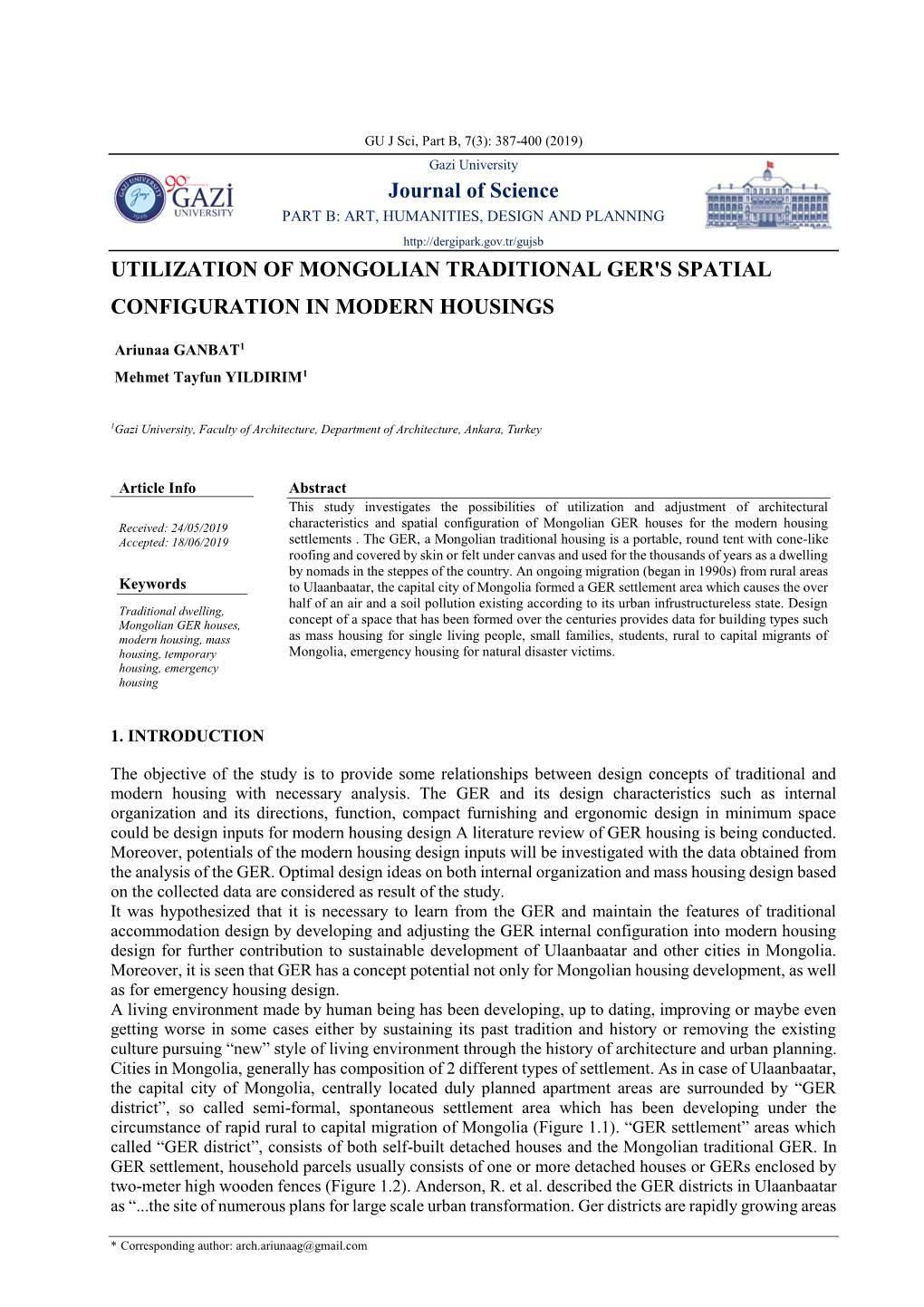 Journal of Science UTILIZATION of MONGOLIAN TRADITIONAL GER's SPATIAL CONFIGURATION in MODERN HOUSINGS