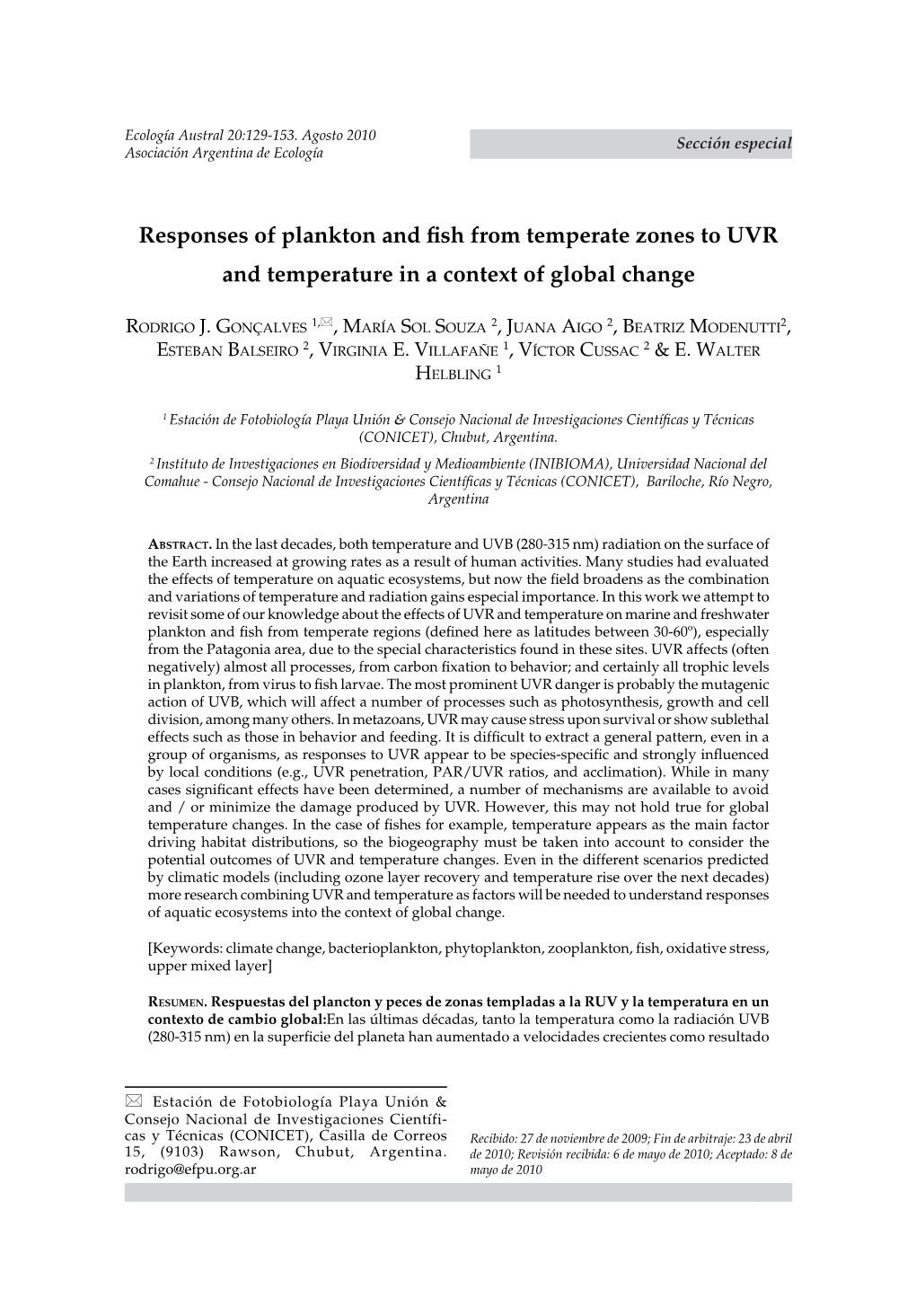 Responses of Plankton and Fish from Temperate Zones to UVR and Temperature in a Context of Global Change