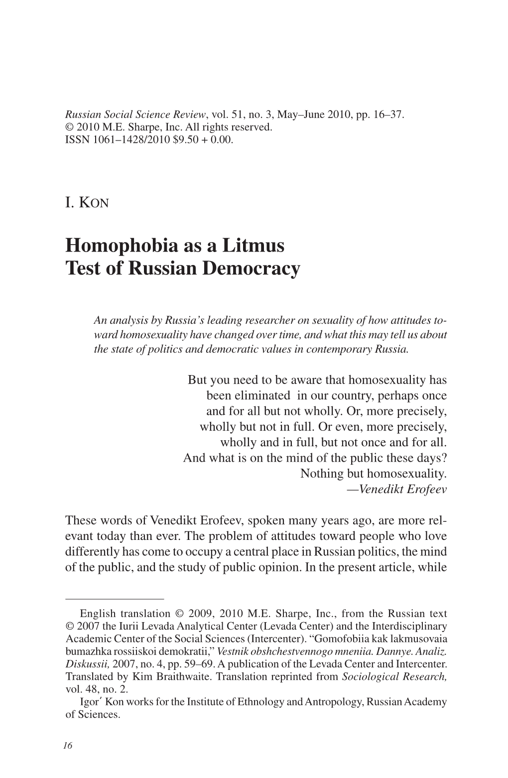 Homophobia As a Litmus Test of Russian Democracy