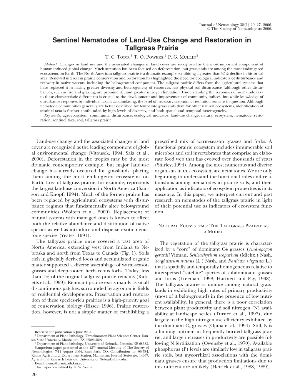 Sentinel Nematodes of Land-Use Change and Restoration in Tallgrass Prairie T