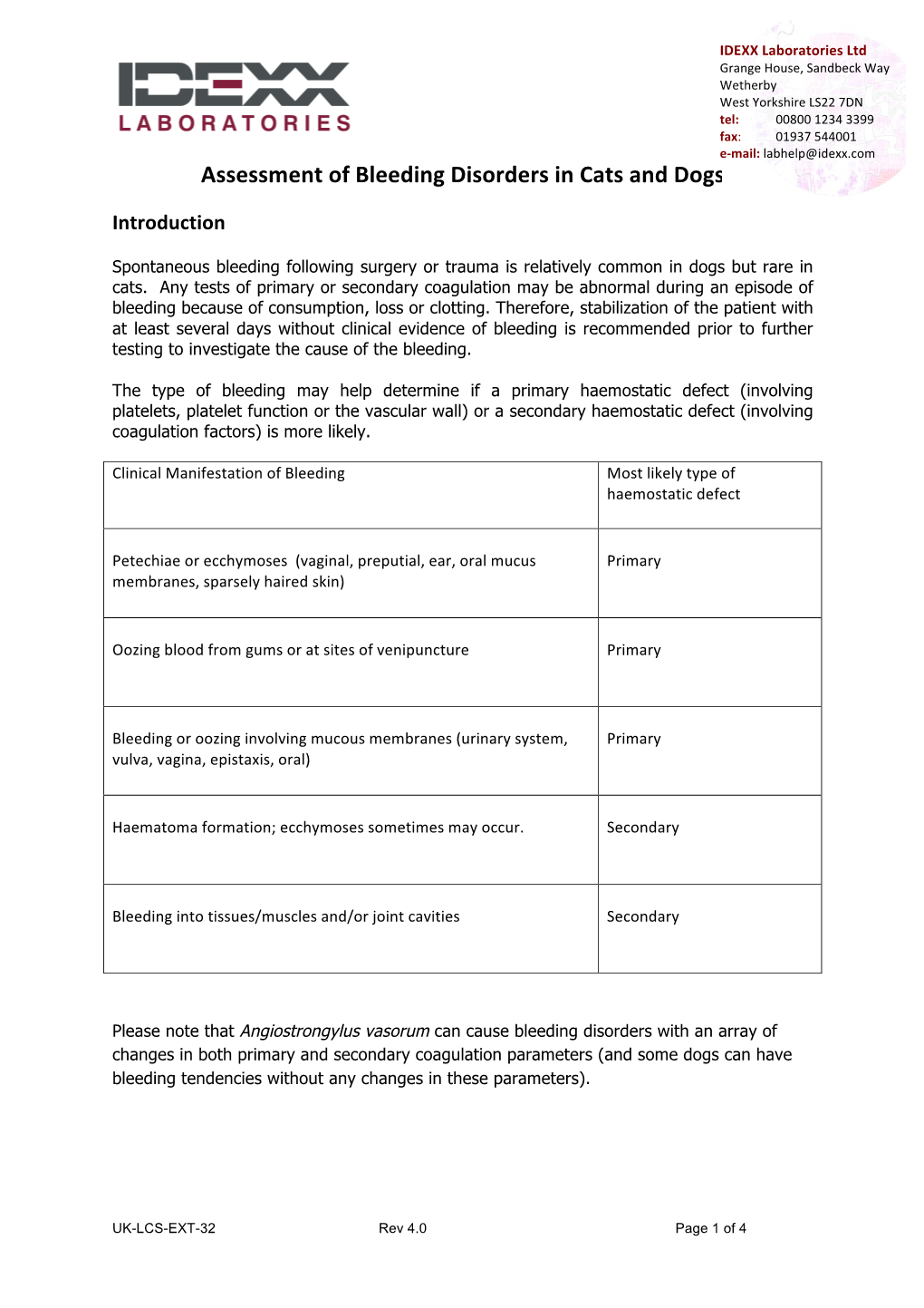 Assessment of Bleeding Disorders in Cats and Dogs