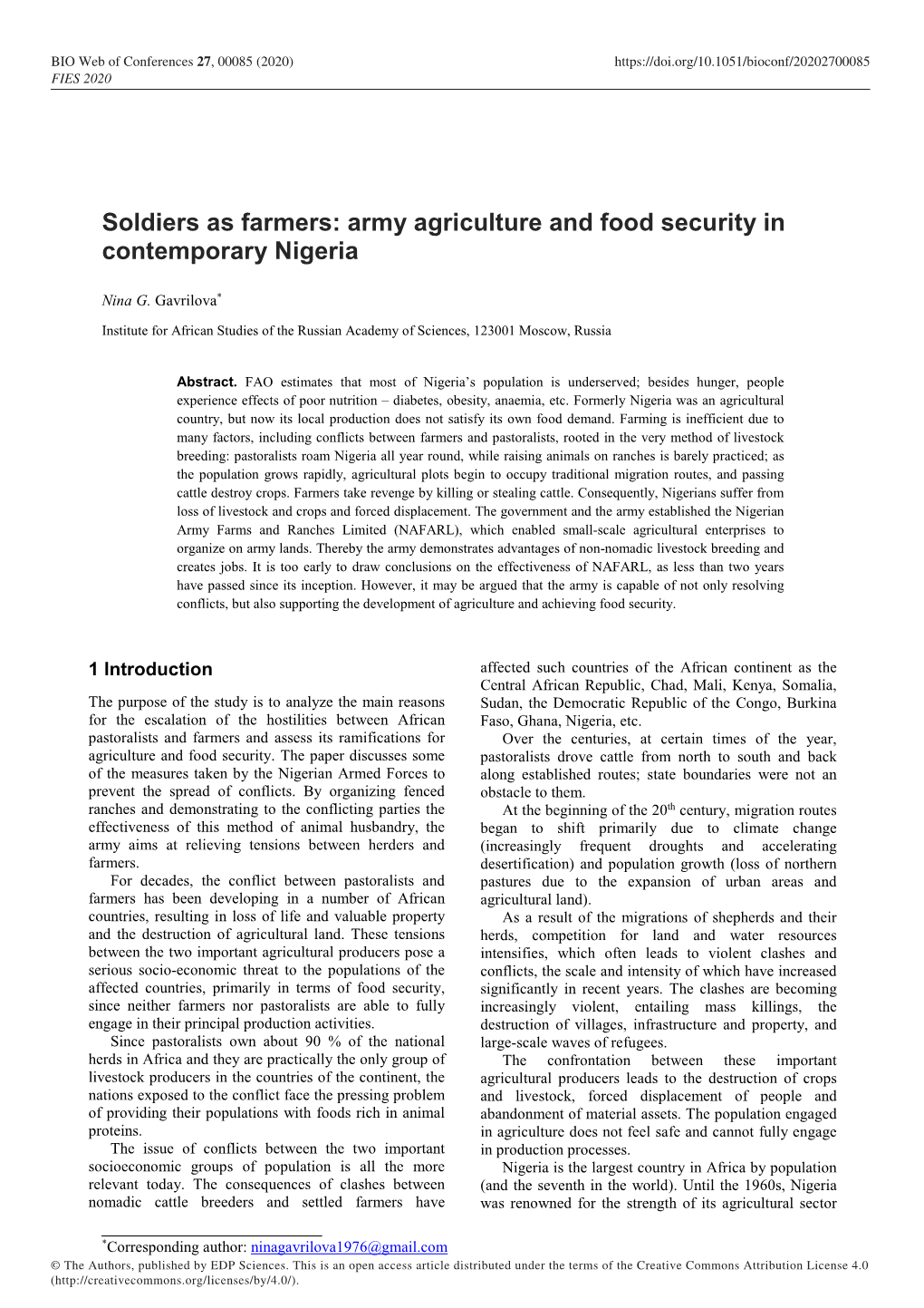 Soldiers As Farmers: Army Agriculture and Food Security in Contemporary Nigeria