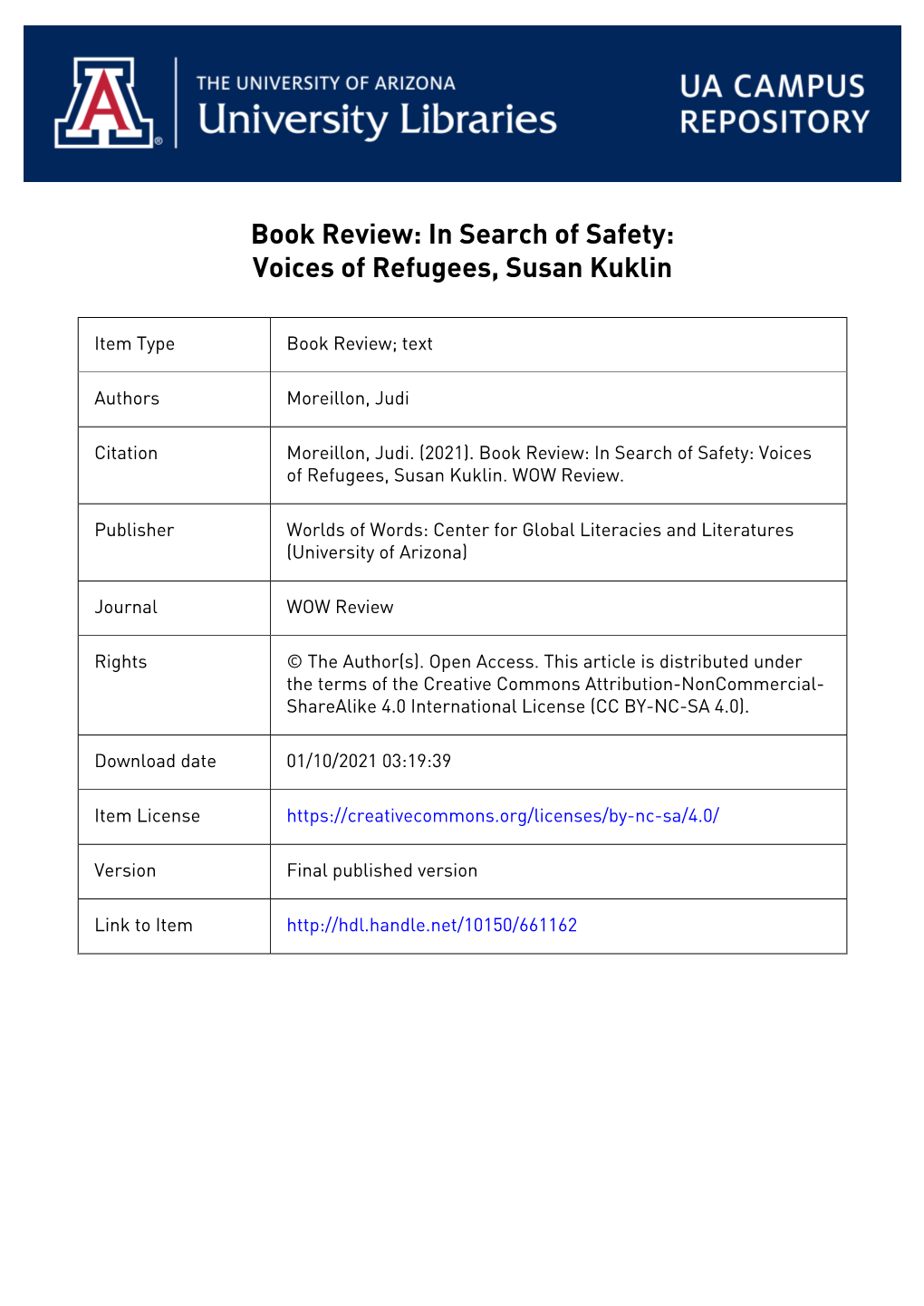 WOW Review: Volume XIII, Issue 1 Fall 2020 in Search of Safety