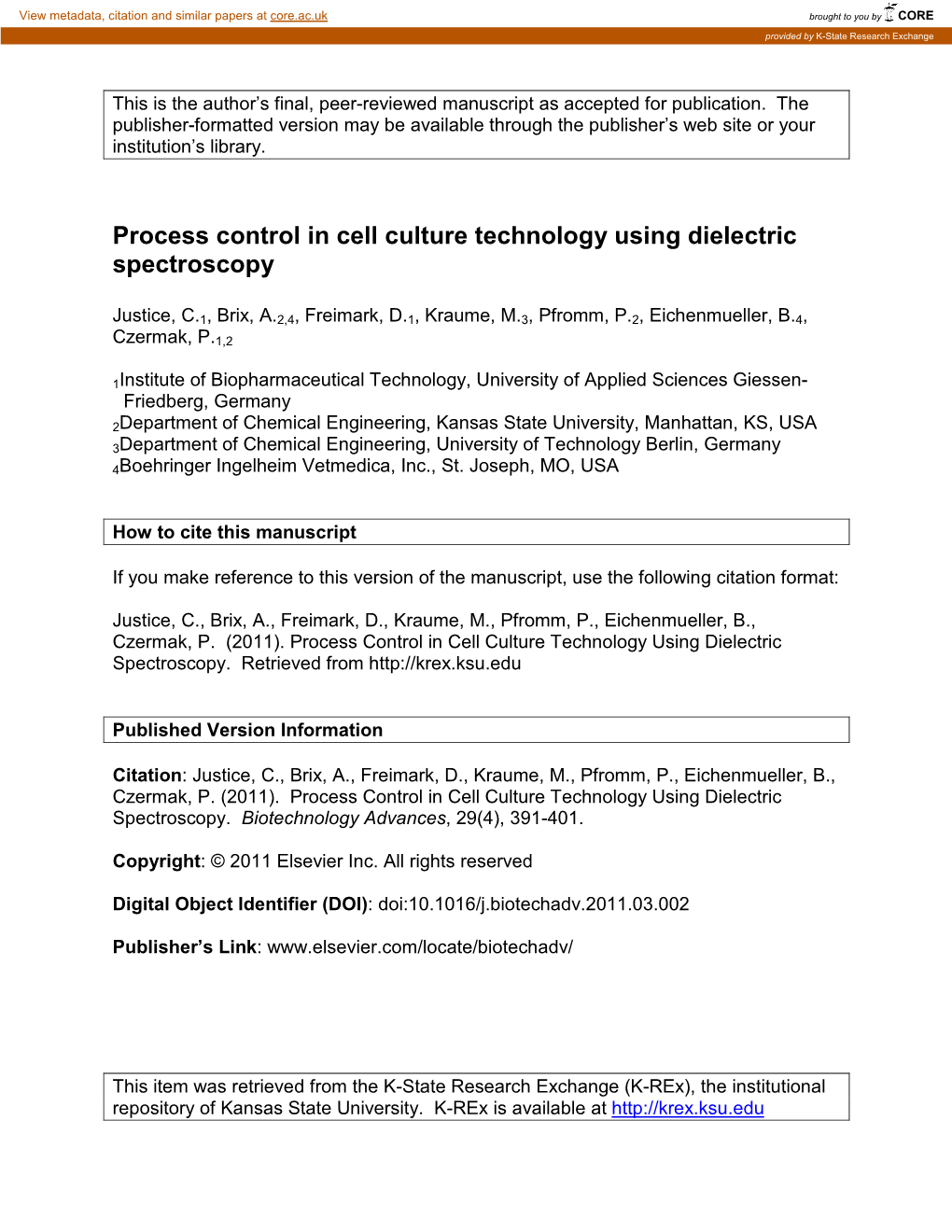 Process Control in Cell Culture Technology Using Dielectric Spectroscopy