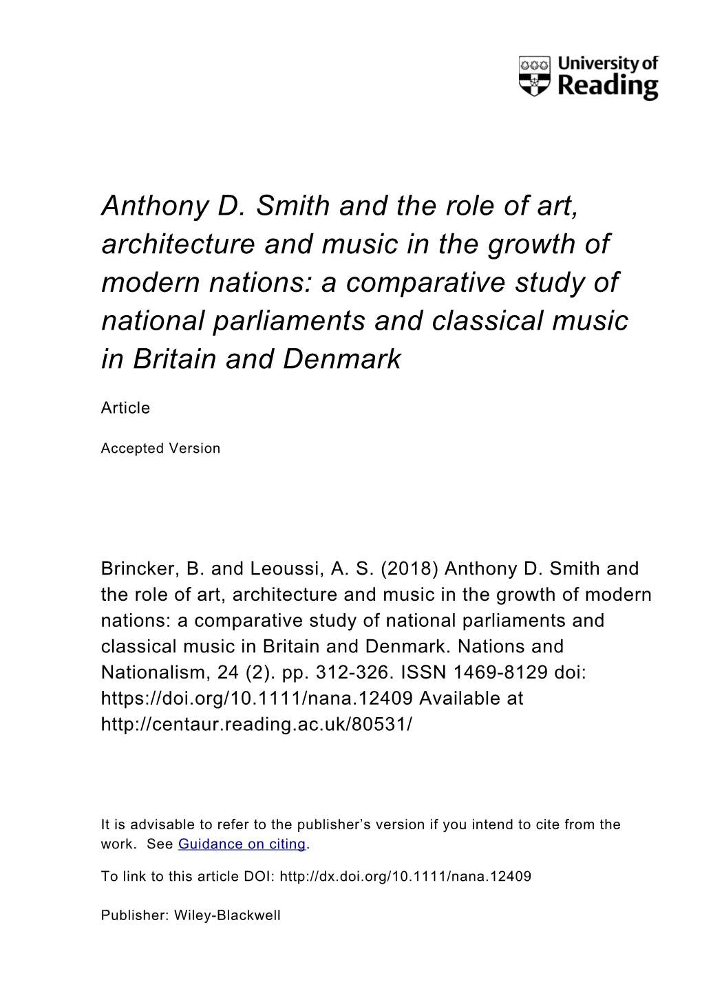 Anthony D. Smith and the Role of Art, Architecture and Music in The