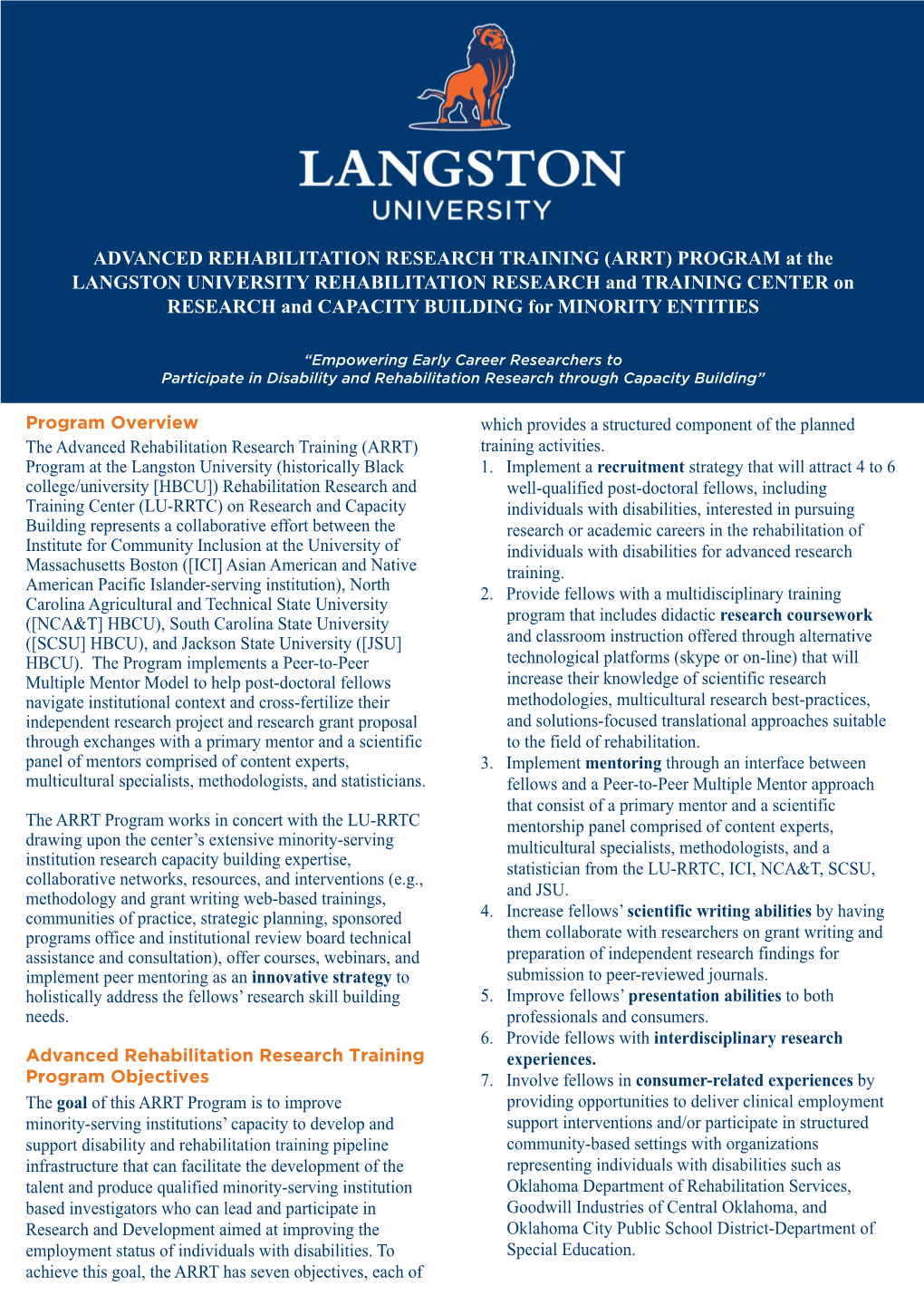 ADVANCED REHABILITATION RESEARCH TRAINING (ARRT) PROGRAM at the LANGSTON UNIVERSITY REHABILITATION RESEARCH and TRAINING CENTER