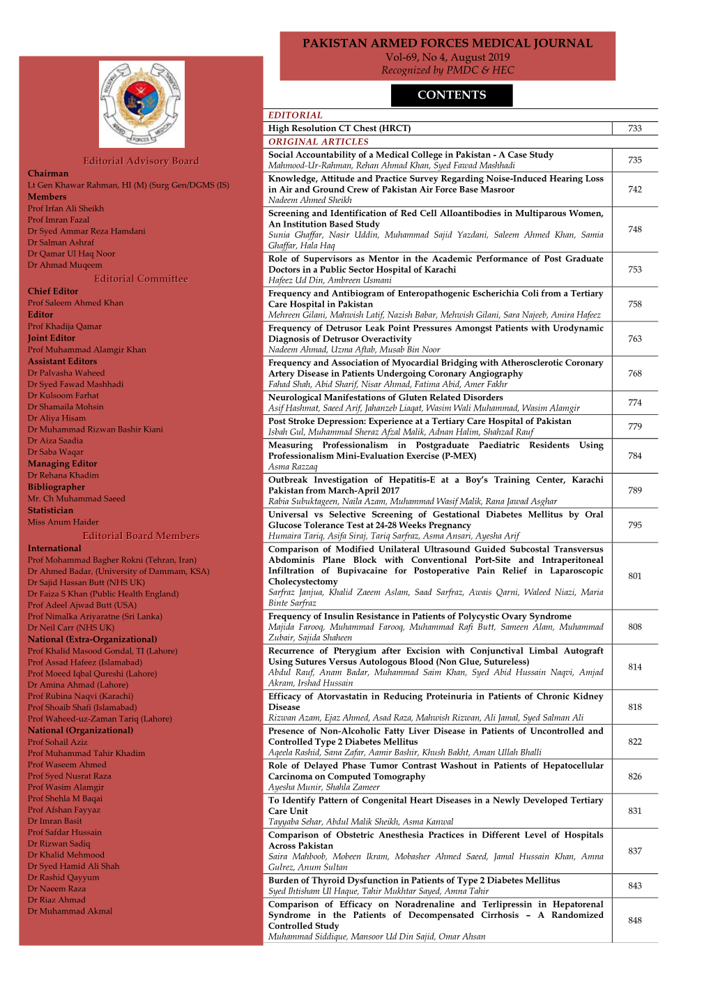 Pakistan Armed Forces Medical Journal Contents