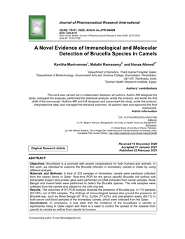 A Novel Evidence of Immunological and Molecular Detection of Brucella Species in Camels