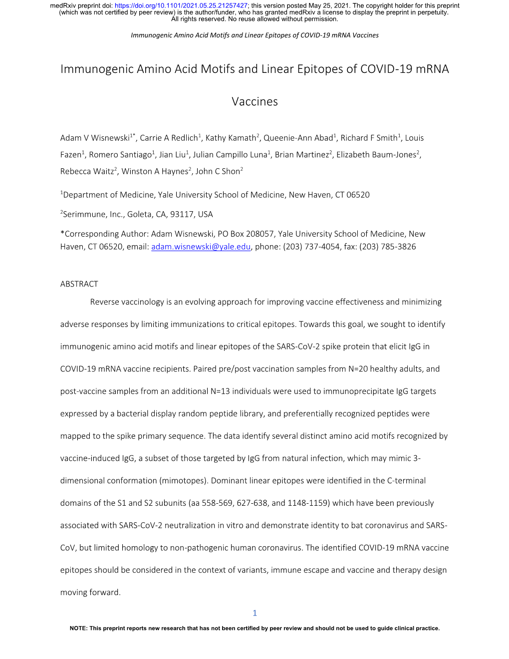 Immunogenic Amino Acid Motifs and Linear Epitopes of COVID-19 Mrna Vaccines