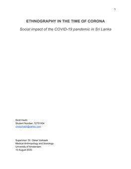 ETHNOGRAPHY in the TIME of CORONA Social Impact of The