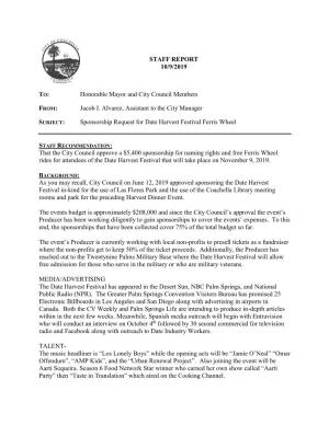 STAFF REPORT 10/9/2019 TO: Honorable Mayor and City Council