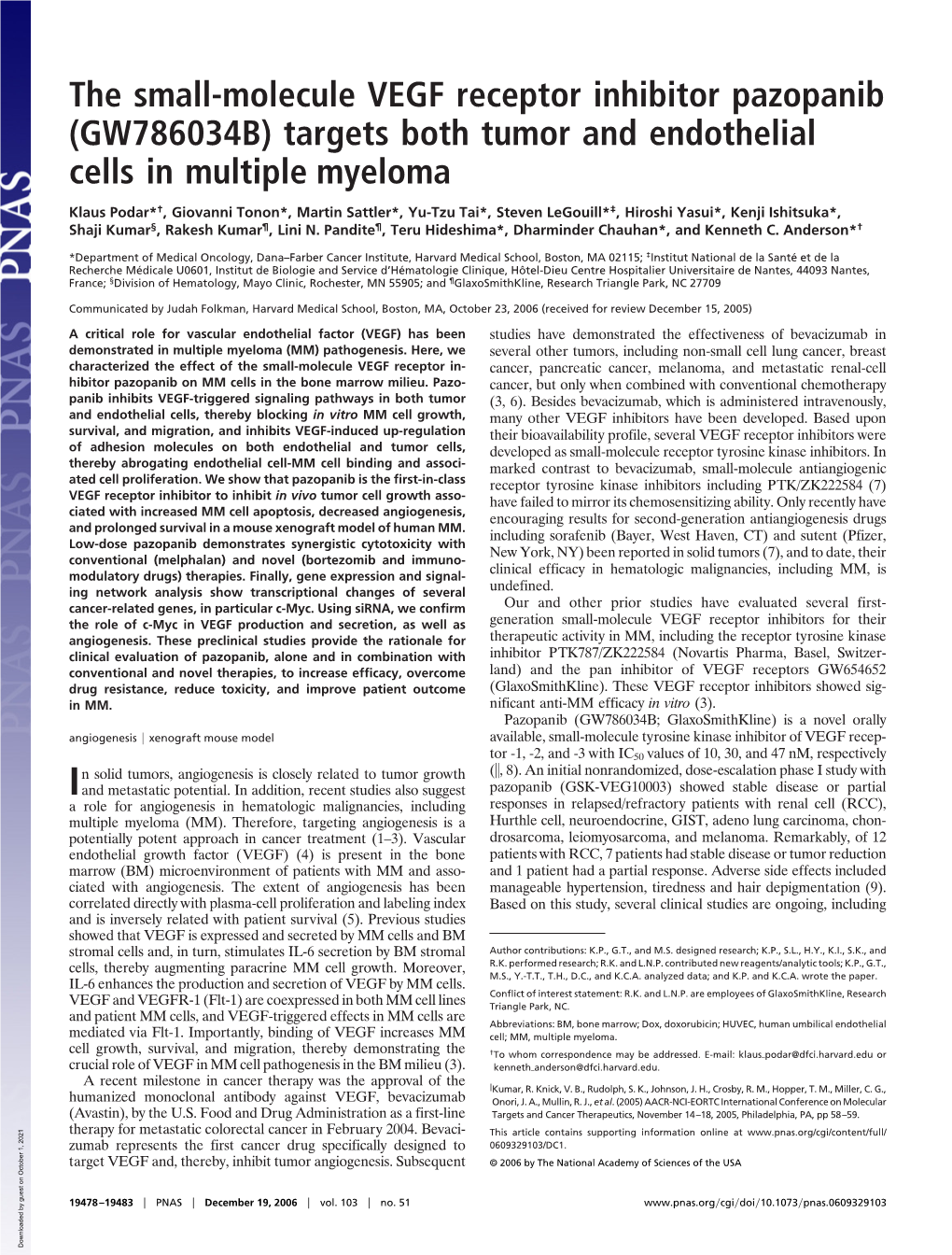 The Small-Molecule VEGF Receptor Inhibitor Pazopanib (GW786034B) Targets Both Tumor and Endothelial Cells in Multiple Myeloma