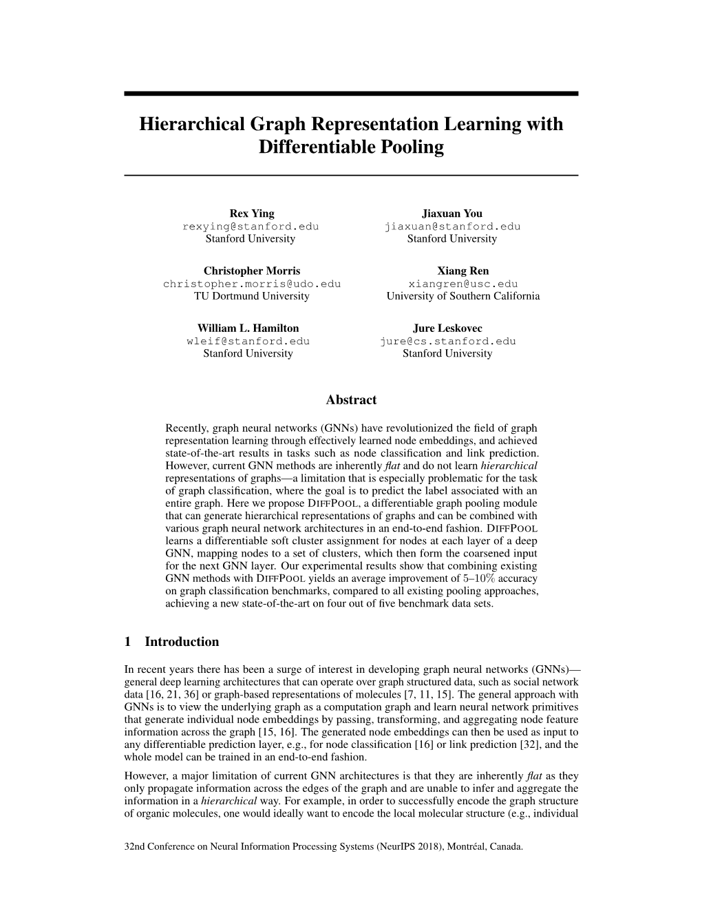 Hierarchical Graph Representation Learning with Differentiable Pooling
