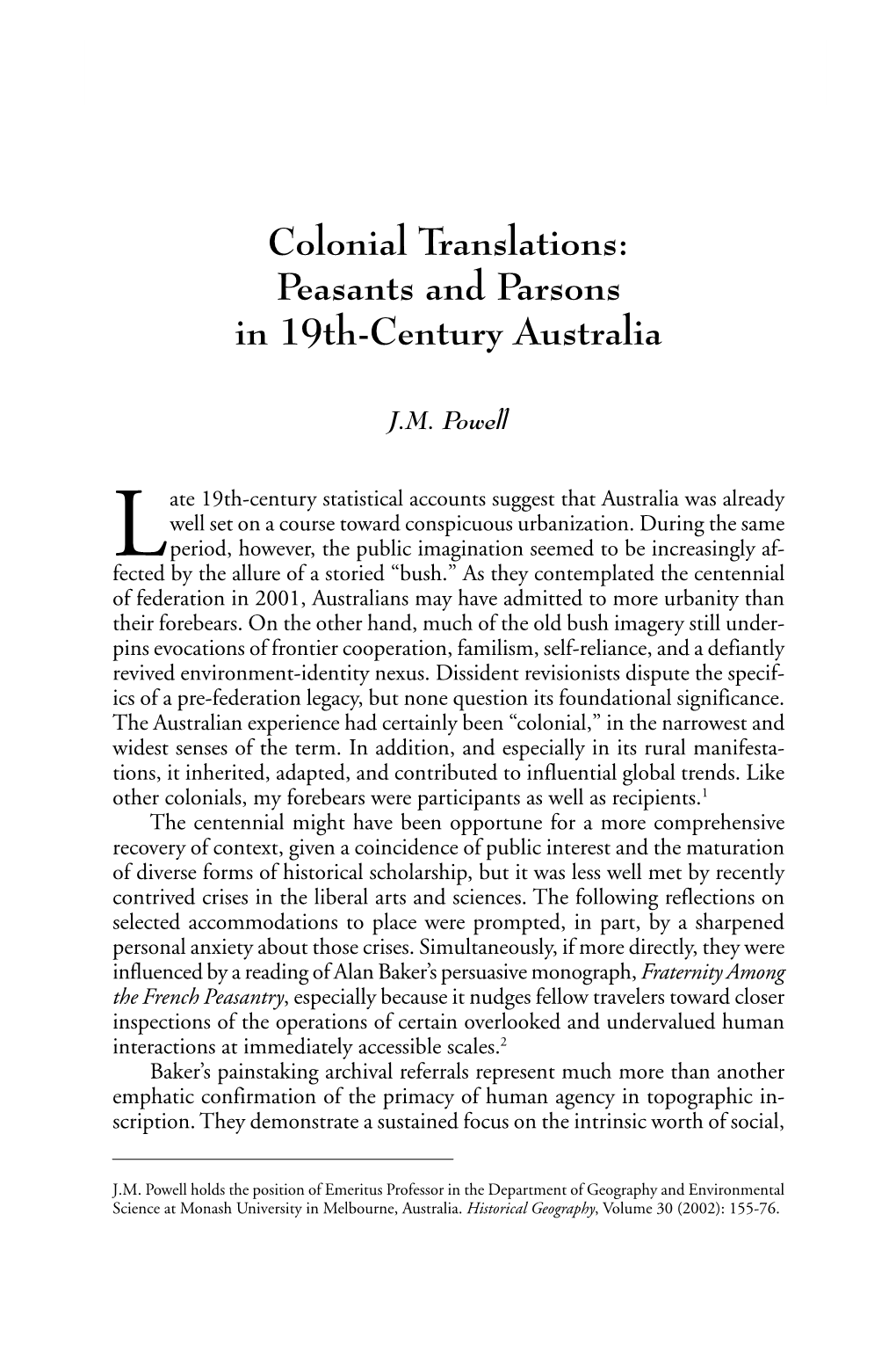 Colonial Translations: Peasants and Parsons in 19Th-Century Australia