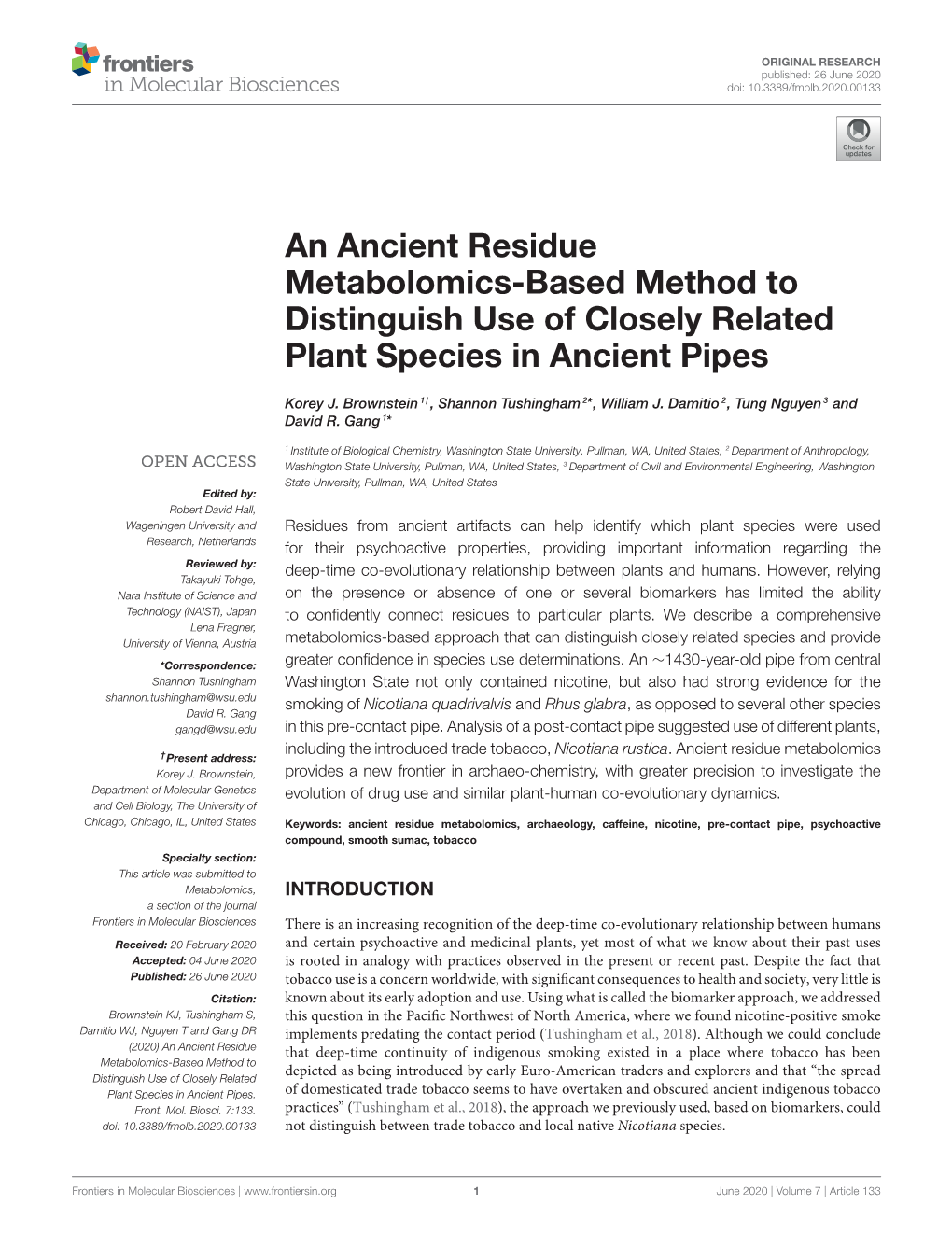 An Ancient Residue Metabolomics-Based Method to Distinguish Use of Closely Related Plant Species in Ancient Pipes