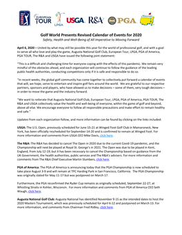 Golf World Presents Revised Calendar of Events for 2020 Safety, Health and Well-Being of All Imperative to Moving Forward