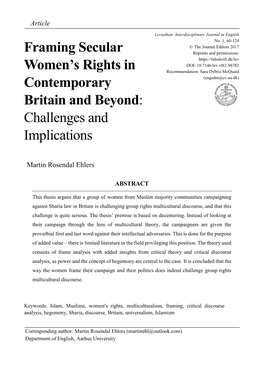 Framing Secular Women's Rights in Contemporary Britain