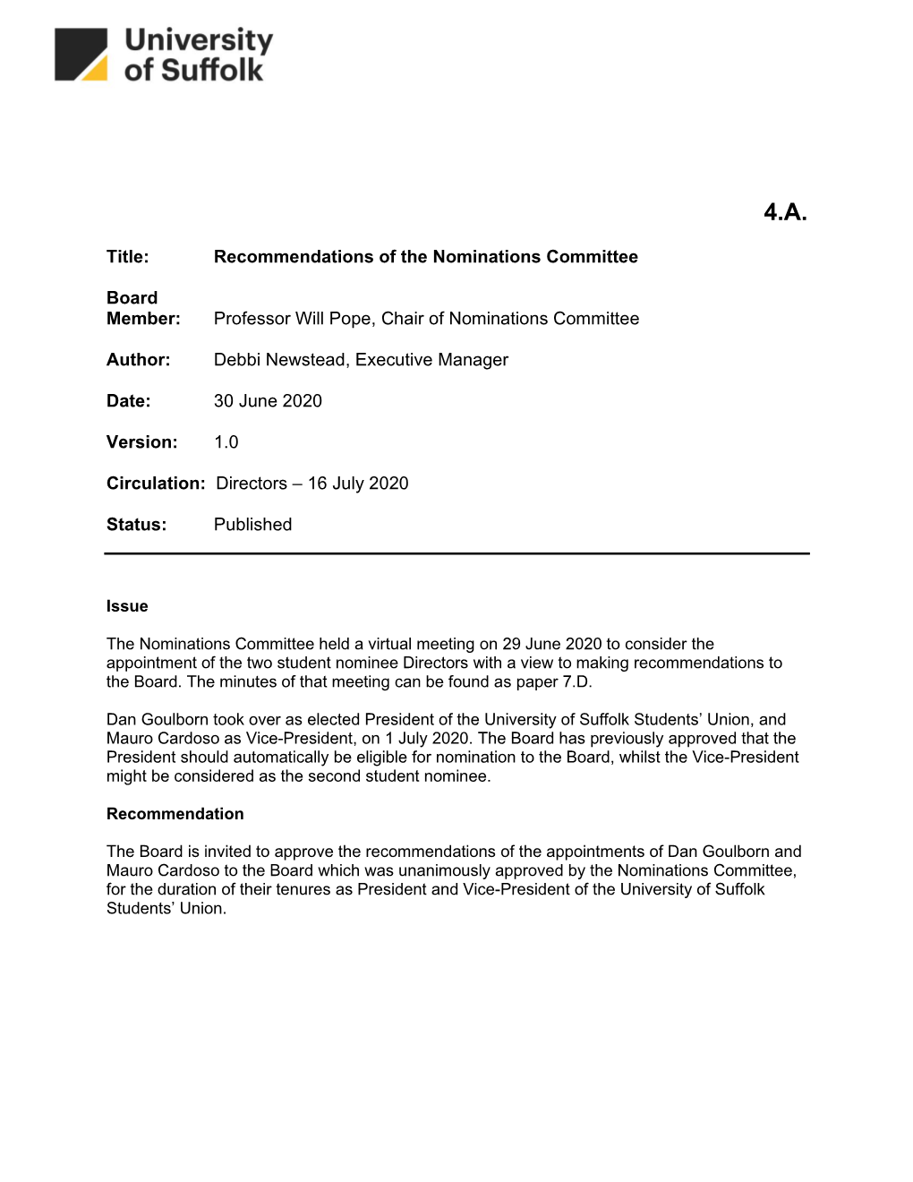 Nominations Committee Recommendations