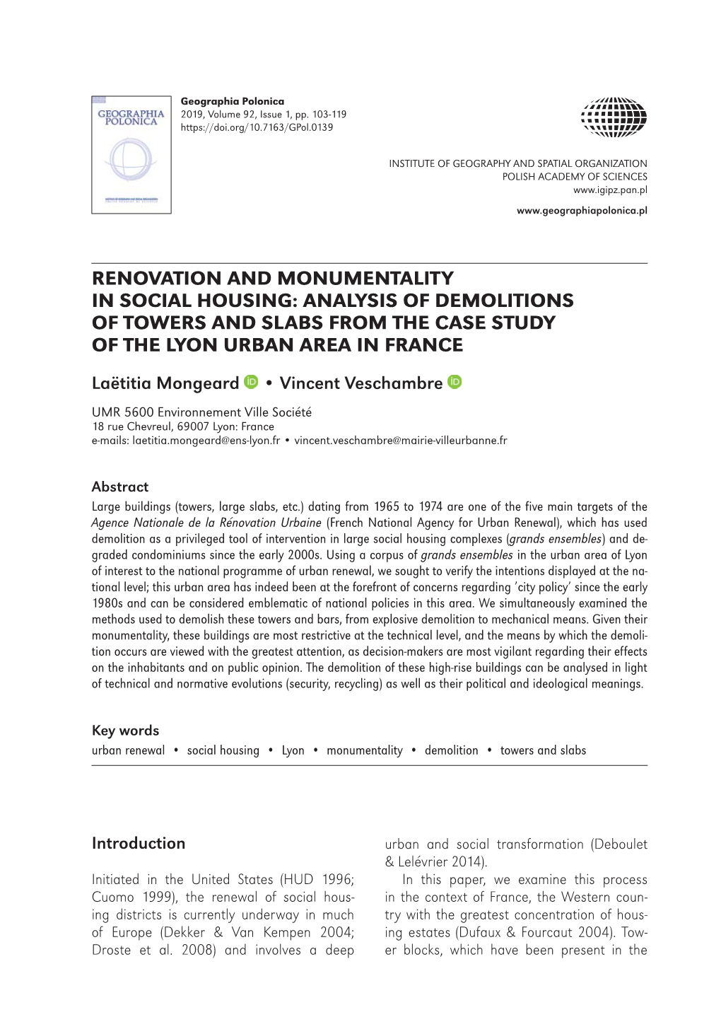 Renovation and Monumentality in Social Housing: Analysis of Demolitions of Towers and Slabs from the Case Study of the Lyon Urban Area in France