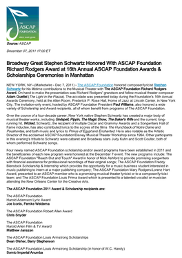 Broadway Great Stephen Schwartz Honored with ASCAP Foundation Richard Rodgers Award at 16Th Annual ASCAP Foundation Awards & Scholarships Ceremonies in Manhattan