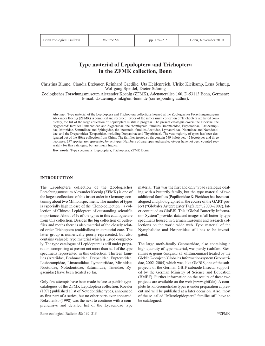 Type Material of Lepidoptera and Trichoptera in the ZFMK Collection, Bonn
