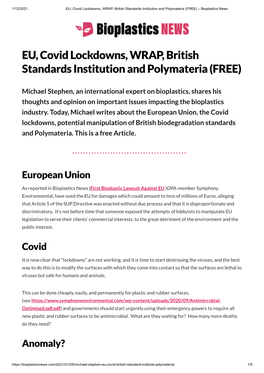EU, Covid Lockdowns, WRAP, British Standards Institution and Polymateria (FREE) – Bioplastics News