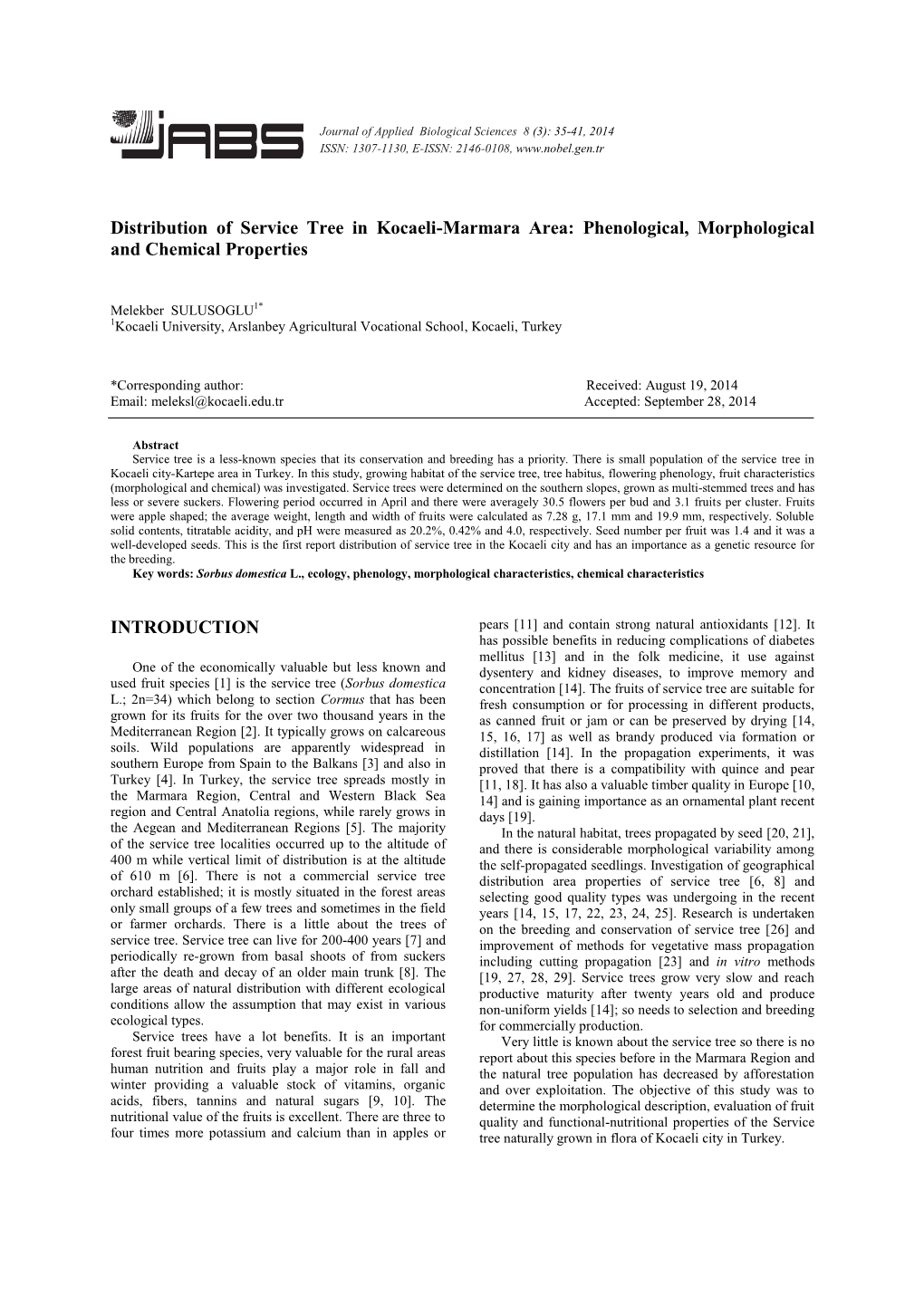 Distribution of Service Tree in Kocaeli-Marmara Area: Phenological, Morphological and Chemical Properties