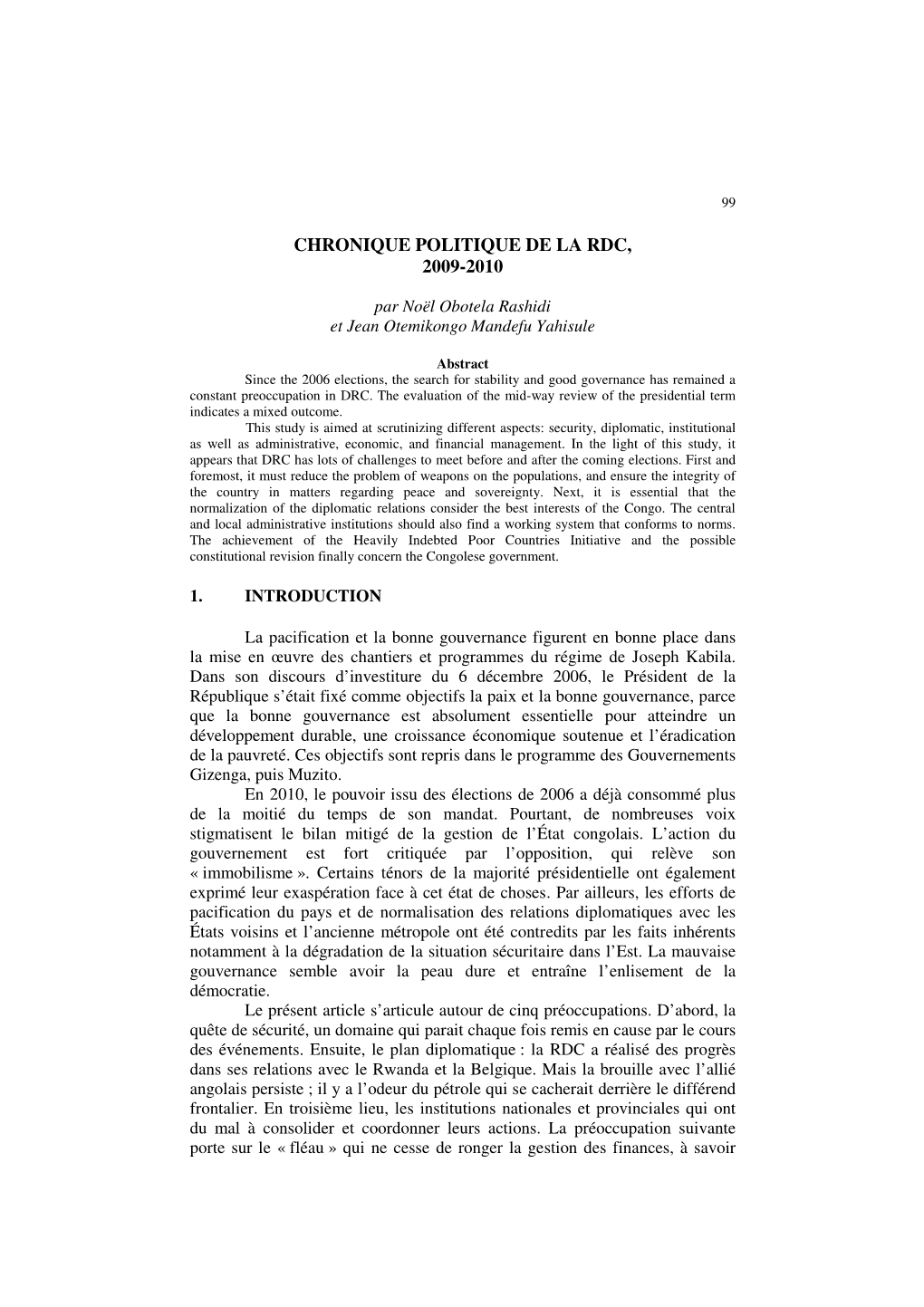 Chronique Politique De La Rdc, 2009-2010