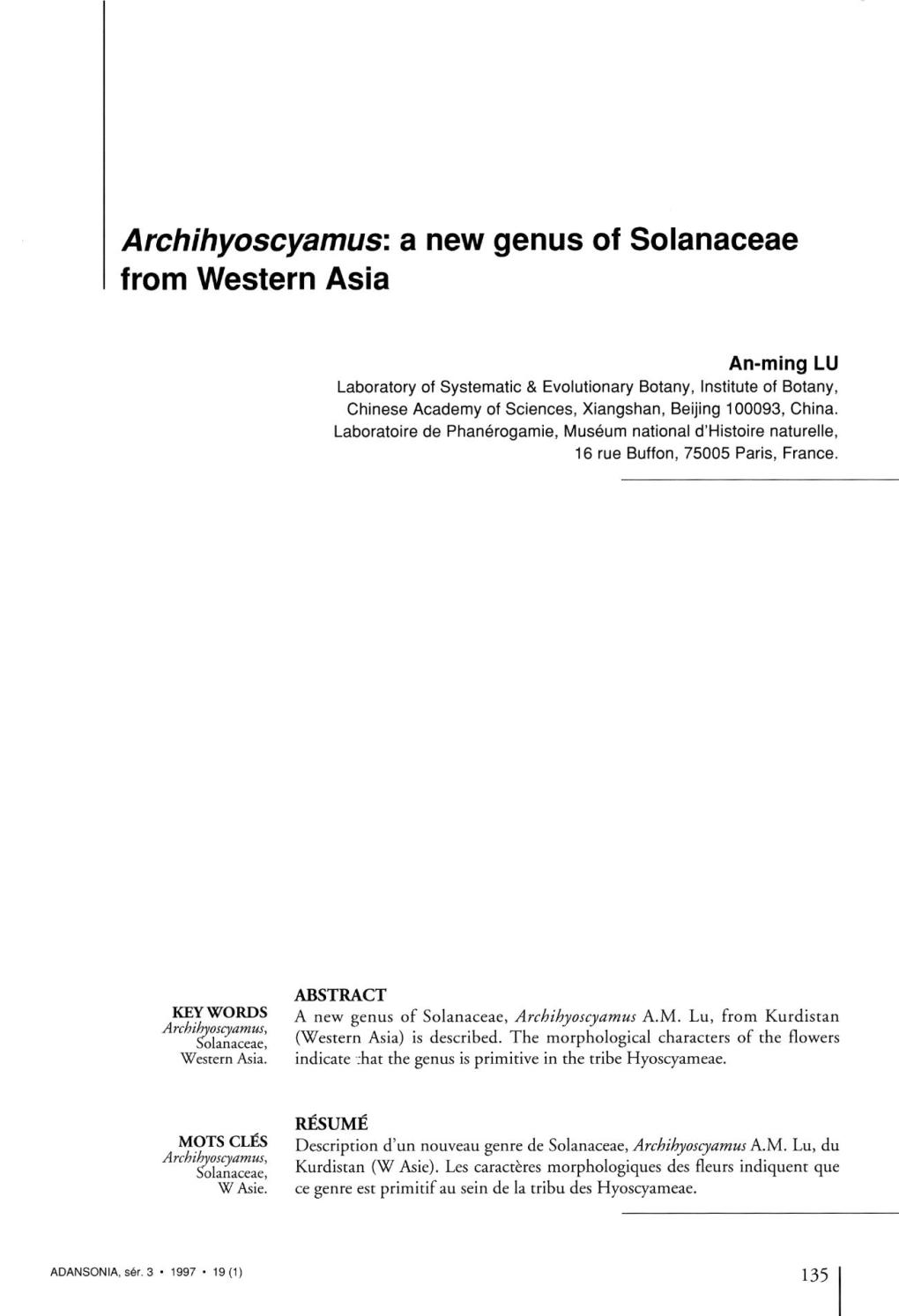 Archihyoscyamus: a New Genus of Solanaceae from Western Asia