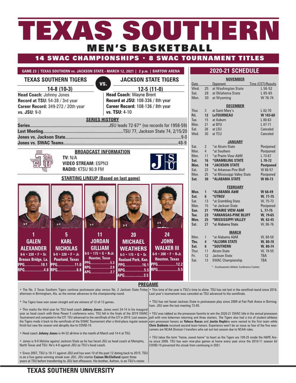 Texas Southern Men’S Basketball 14 Swac Championships • 8 Swac Tournament Titles