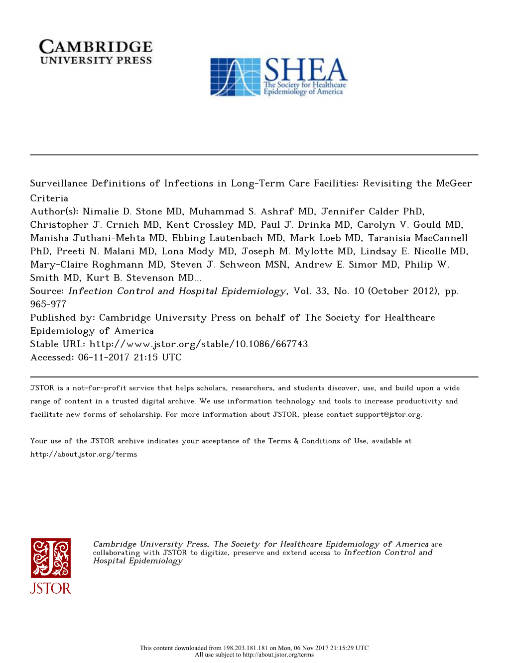 Surveillance Definitions of Infections in Long-Term Care Facilities: Revisiting the Mcgeer Criteria Author(S): Nimalie D